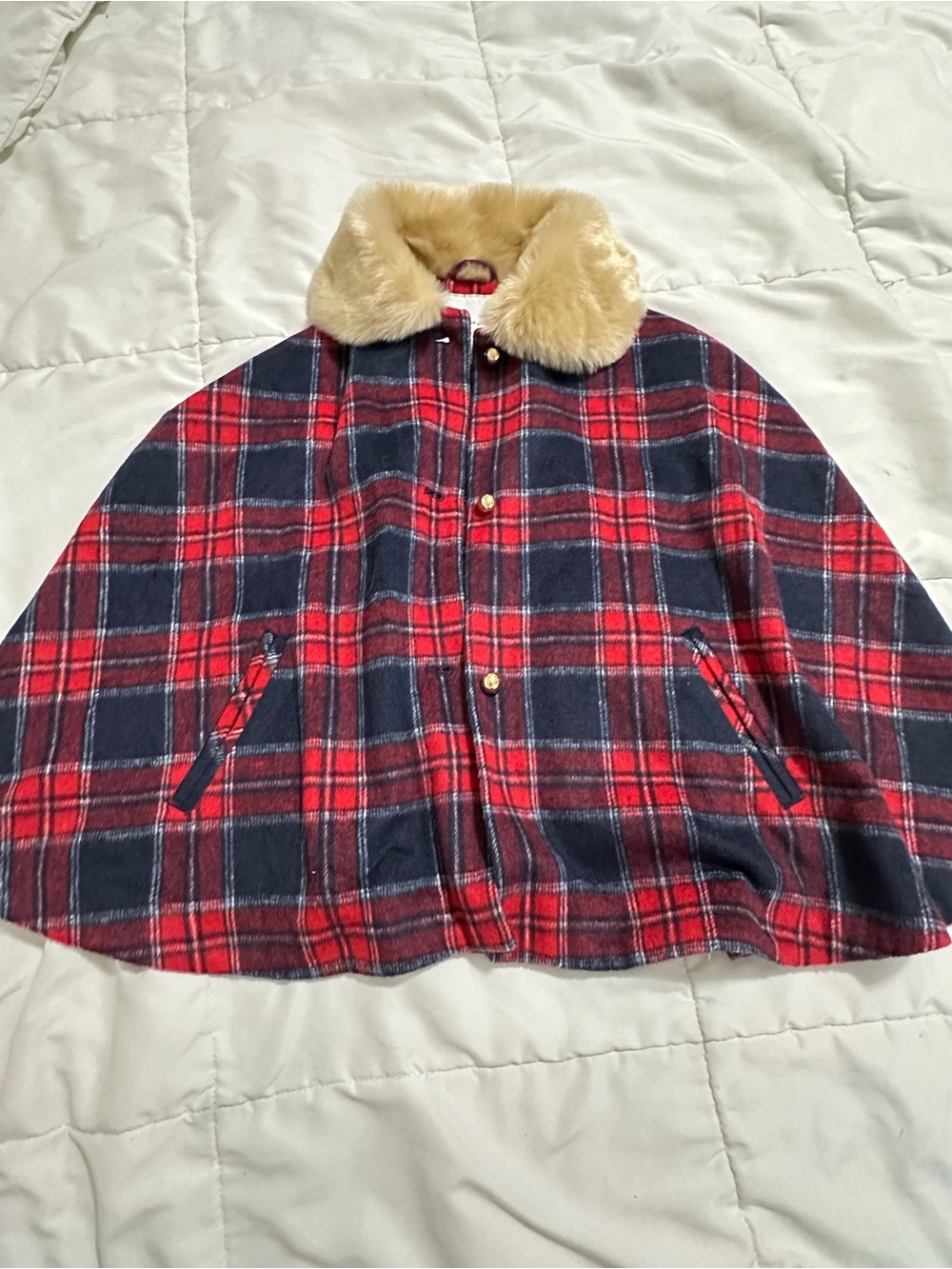 Janie and Jack Red & Navy Plaid Cape with Cream Faux Fur Collar